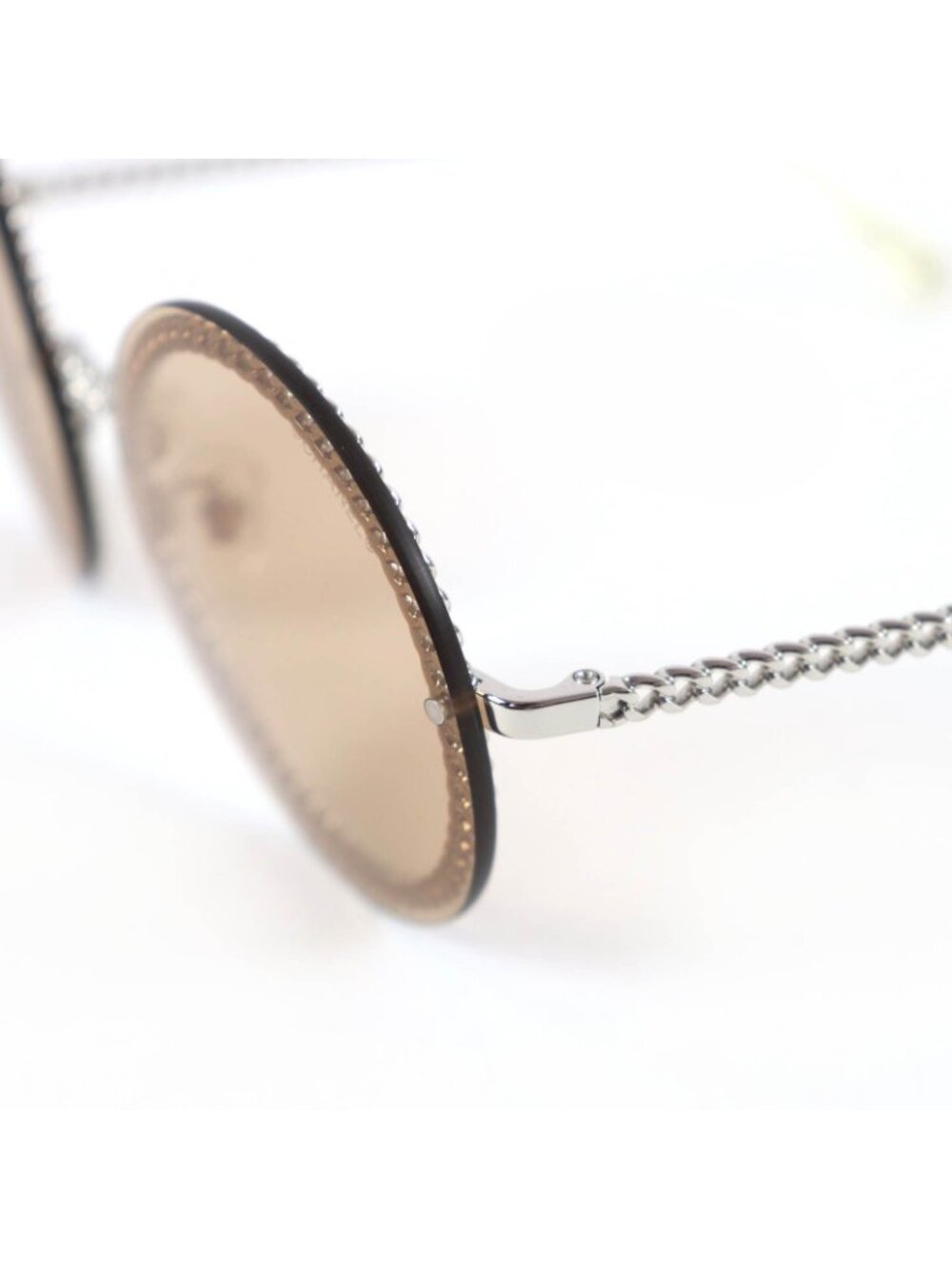 Chanel CC Logo Round Sunglasses with Chain Silver Clear Brown Case Necklace - Picture 9 of 13